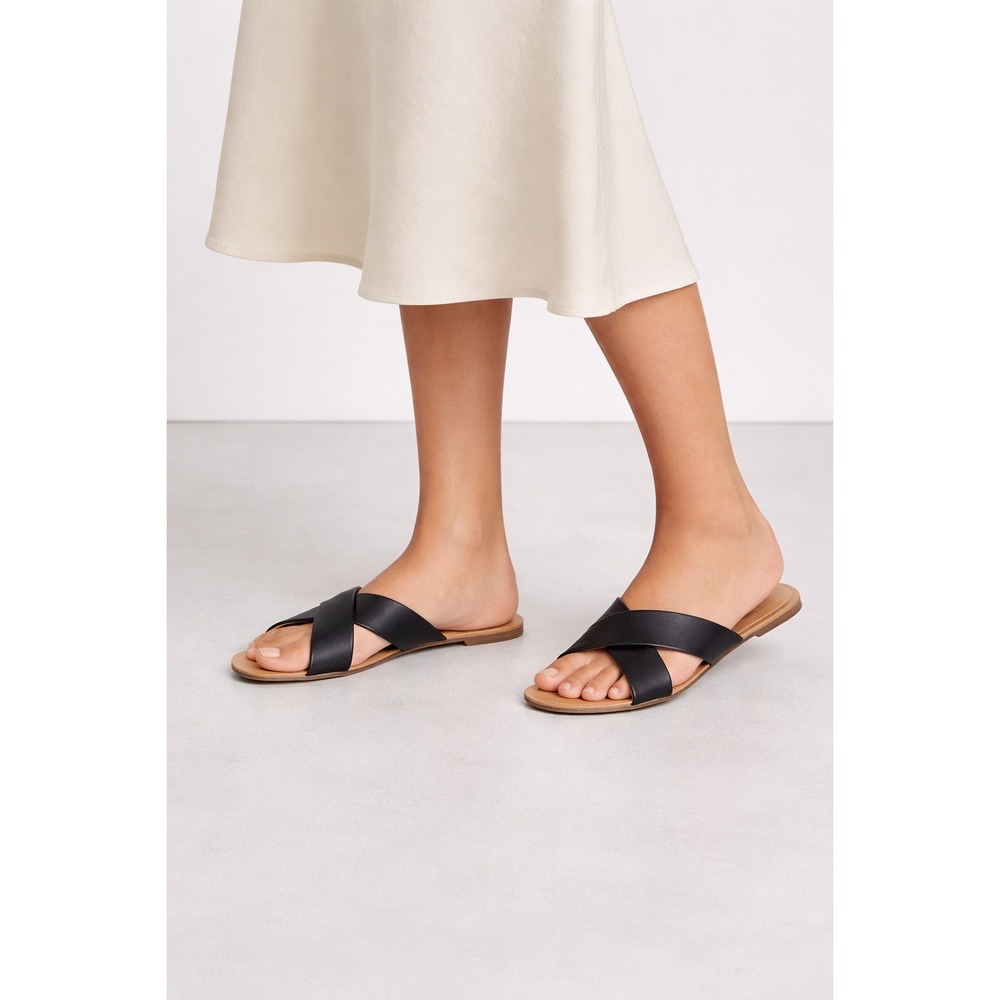 Saks Fifth Avenue Womens Black Leather Crisscross Slide Sandals Minimalist 9 M
